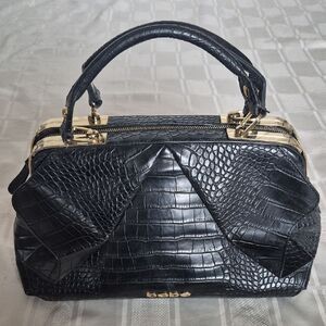Bebe Black Croc-Patterned Satchel with Gold Details